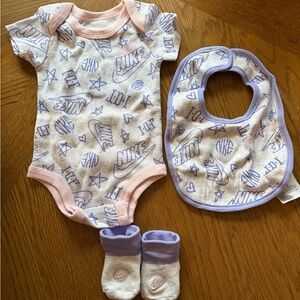Nike Baby Onesie, Bib, and Socks Set - Pink and Purple
